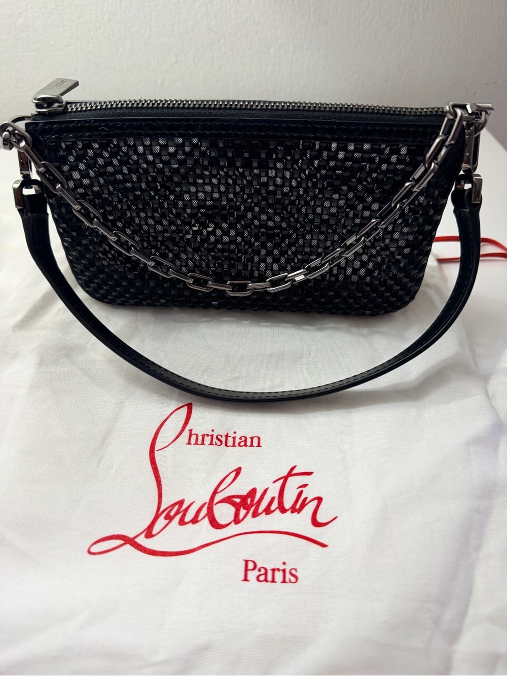 Christian Louboutin Black Woven Leather Wristlet with Chain